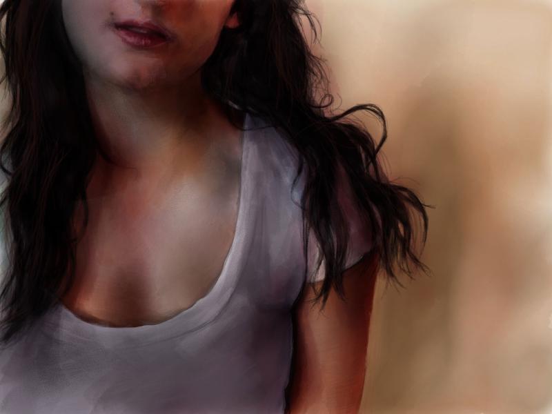 Digital watercolor and pencil portrait of a black haired woman wearing a white low cut shirt. The upper part of her face has been cropped out of view.