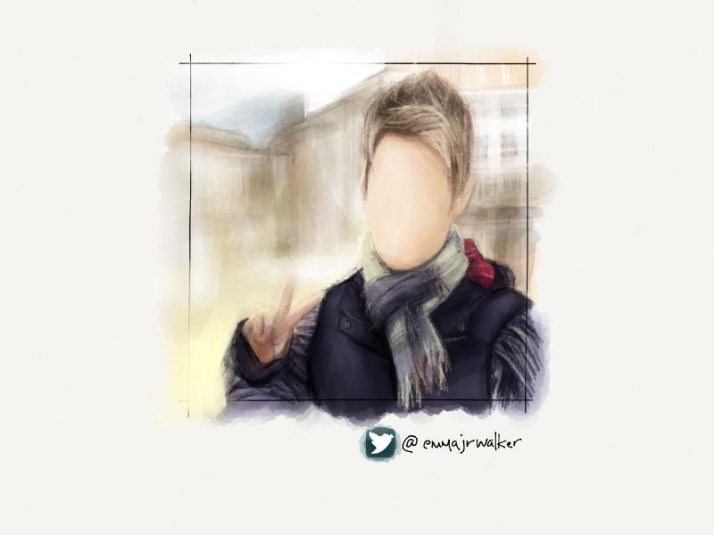 Digital watercolor and pencil portrait of a short haired blonde woman making the peace sign with her fingers and wearing a plaid scarf and puffy winter vest outside.