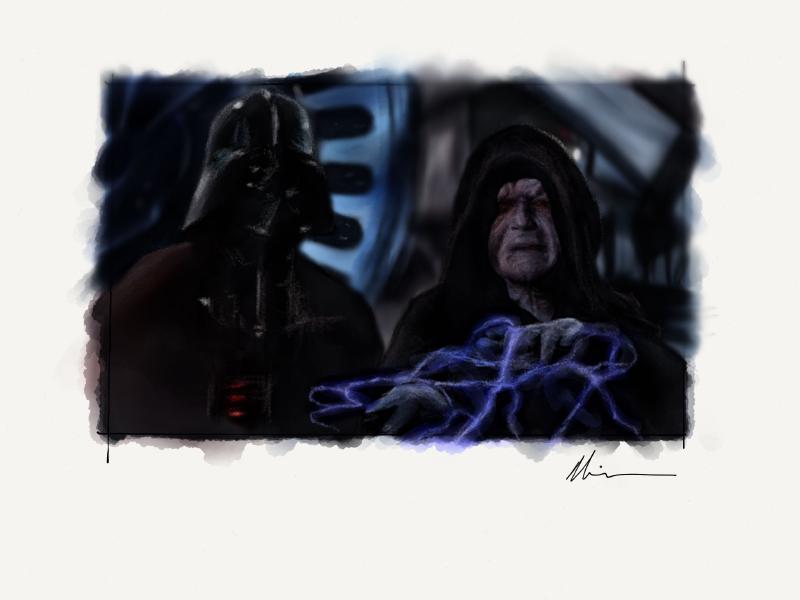 Digital watercolor and pencil illustration from a scene in Star Wars Episode VII. Darth Vader watches as Emperor Palpatine electrocutes Luke Skywalker in the throne room.