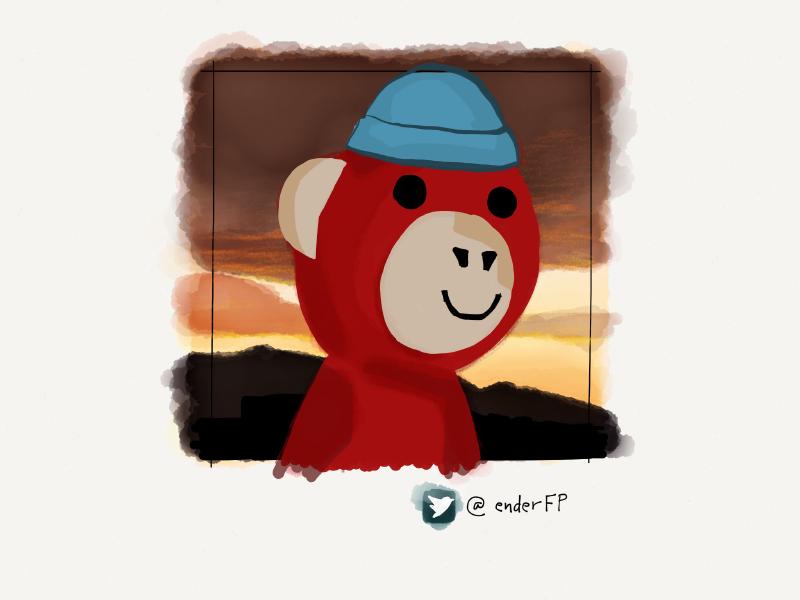 Digital watercolor and ink portrait of red cartoonish monkey with black beady eyes, wearing a blue beanie.