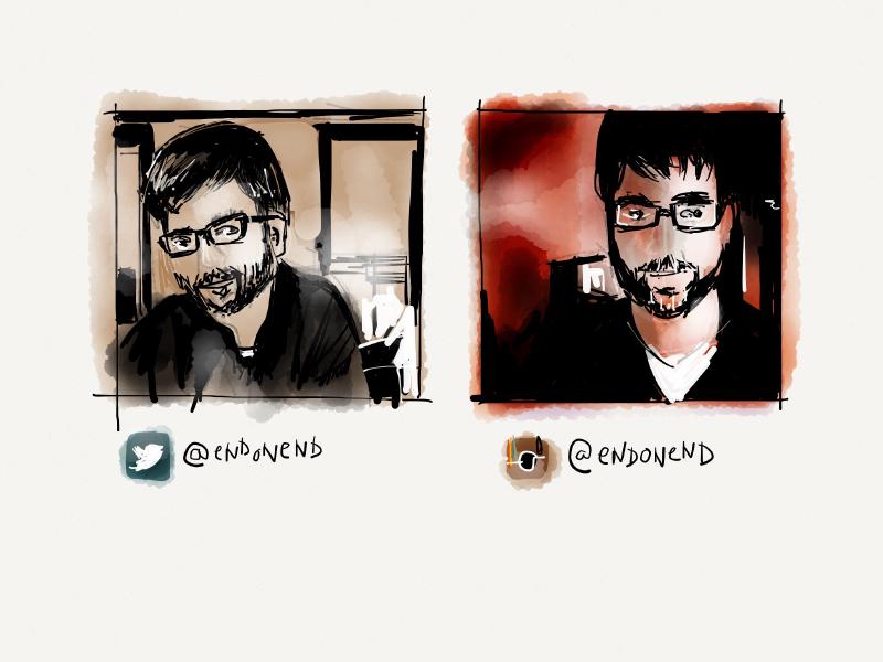 Digital watercolor and ink portrait of bearded man with black glasses washed in red tones.