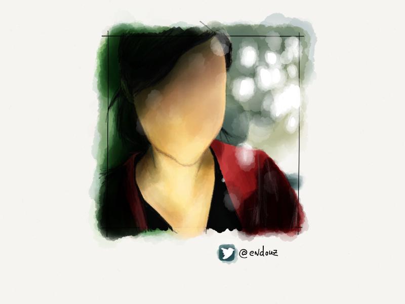 Digital watercolor and pencil portrait of a faceless woman with her hair tied back, wearing a maroon hoodie, with flickering lights to the right.