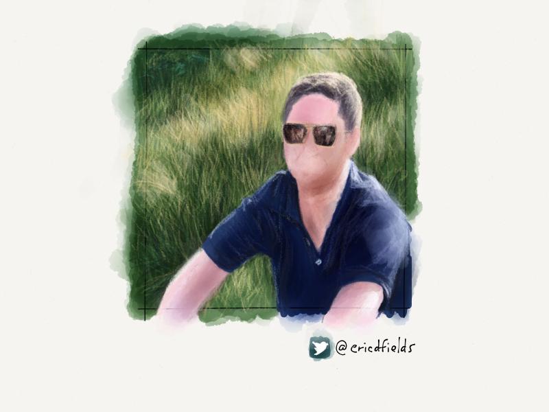 Digital watercolor and pencil portrait of a faceless man in a blue polo shirt and sunglasses sitting in a field of grass.