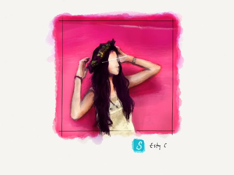 Digital watercolor and pencil portrait of a faceless woman with long purple hair, wearing a wreath of flowers on her head, as she poses against a pink wall.