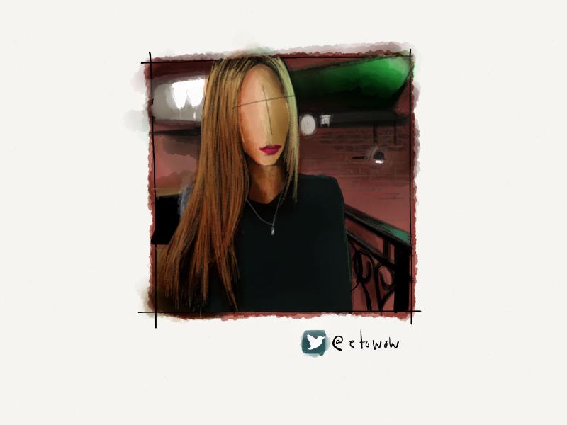 Digital watercolor and pencil portrait of a faceless woman with long straight blonde hair, pink lipstick, necklace, standing in a brick walled warehouse.