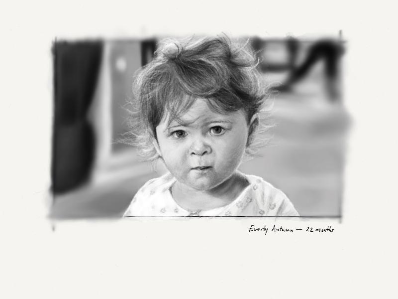 Black and white digital watercolor and pencil portrait of a toddler with short wavy hair looking directly at the viewer. Behind her is a background with a slight bokeh.