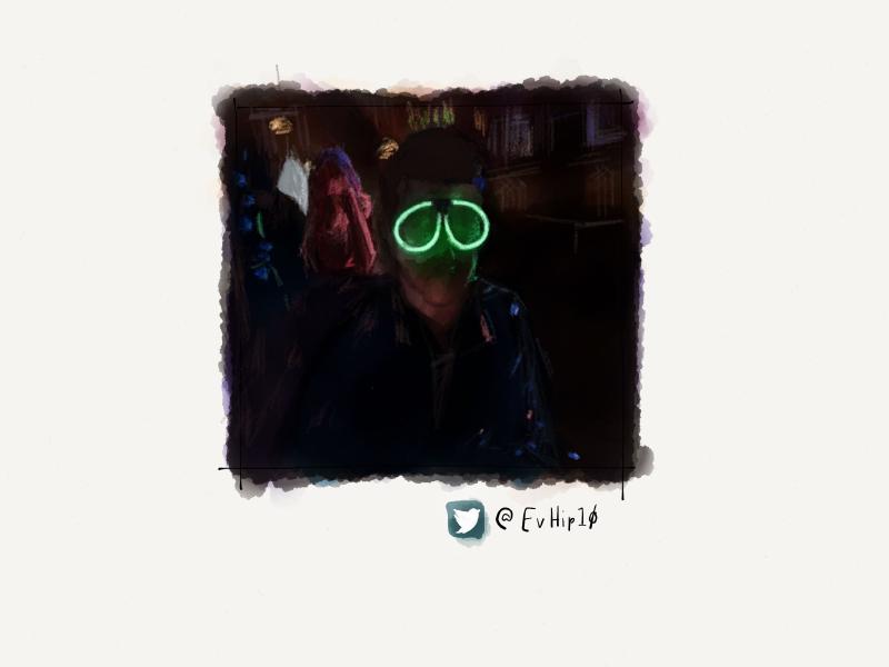 Digital watercolor and pencil portrait of a man wearing glow sticks bent into eyeglasses that he's wearing inside a dark bar.