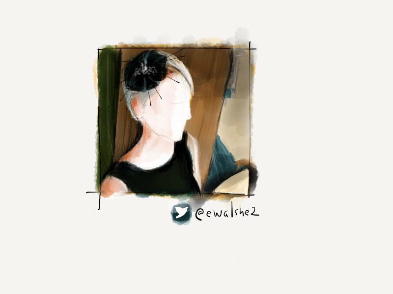 Digital watercolor and pencil portrait of a faceless short haired woman with a large black flower in her hair, wearing a little black dress.
