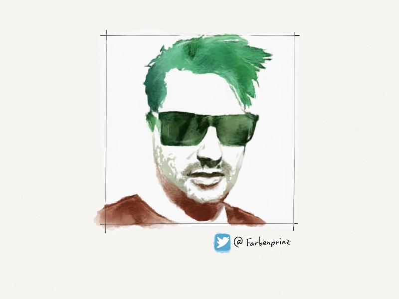 Digital watercolor and pencil portrait of a man wearing sunglasses and stubble, painted graphically in high contrast with earthy tones. Negative space is all white.