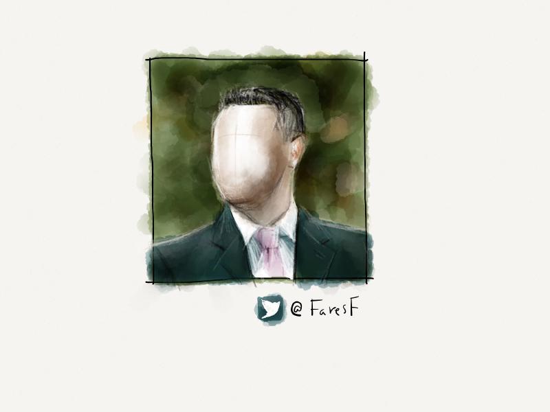 Digital watercolor and pencil portrait of a faceless man wearing a suit and light purple tie with a slight bokeh to the background.