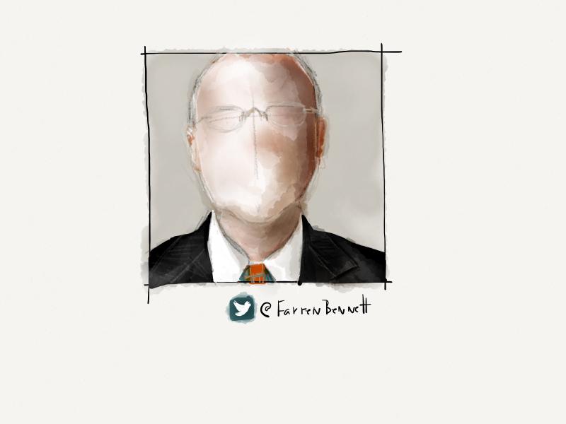 Digital watercolor and pencil portrait of a faceless older gentleman with short gray hair and glasses wearing a black suit and striped tie.