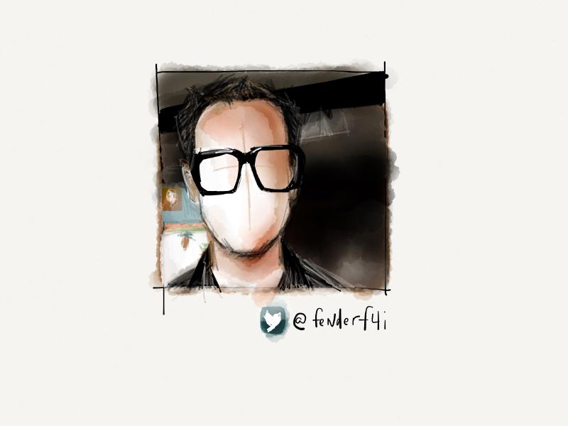 Digital watercolor and pencil portrait of a faceless man wearing large thick framed black glasses.
