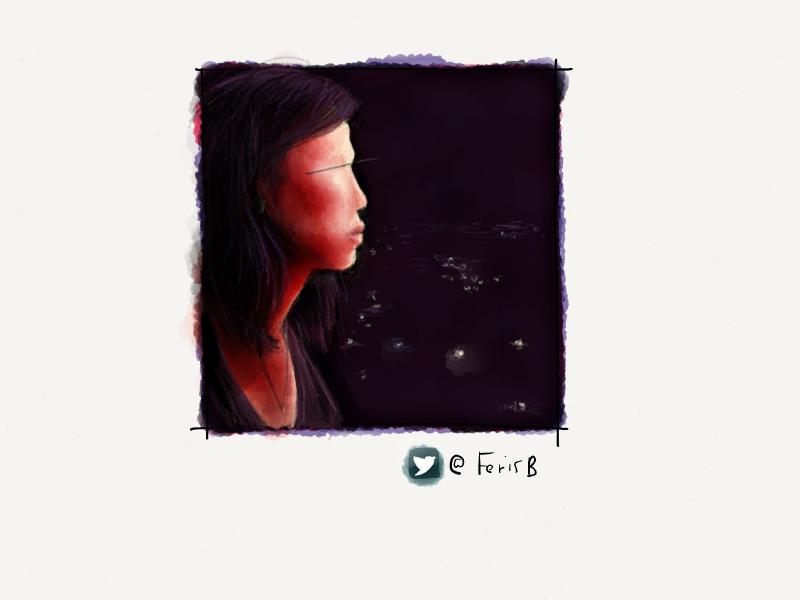Digital watercolor and pencil portrait in profile of a woman with purple hair looking in the distance with city lights behind her.