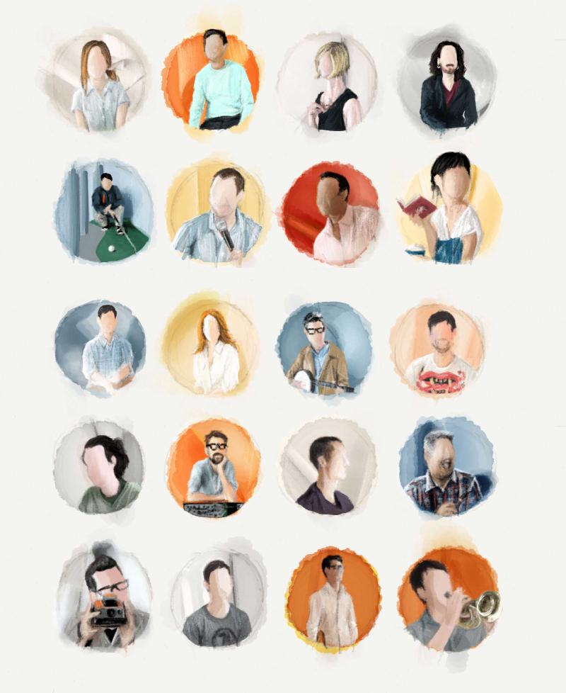 20 digital watercolor portraits of faceless people arranged in a 4 x 5 grid of circles.