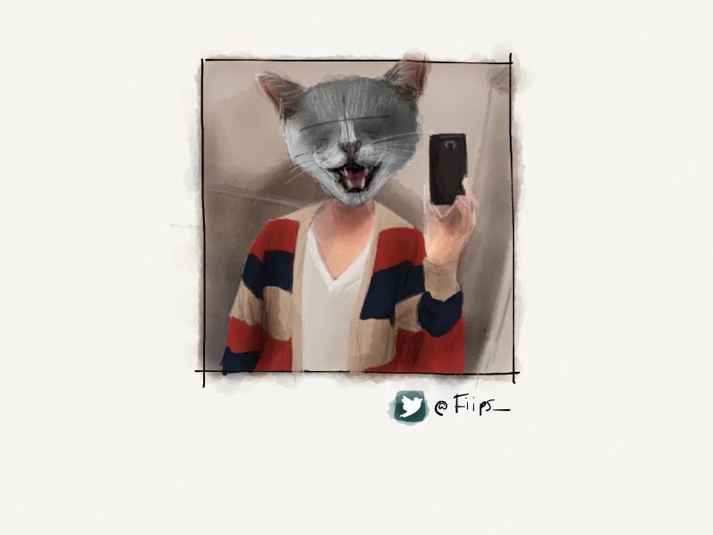 Digital watercolor and pencil portrait of a man with the head of a faceless cat superimposed on his body as he takes a selfie wearing a white v-neck shirt and striped cardigan sweater.
