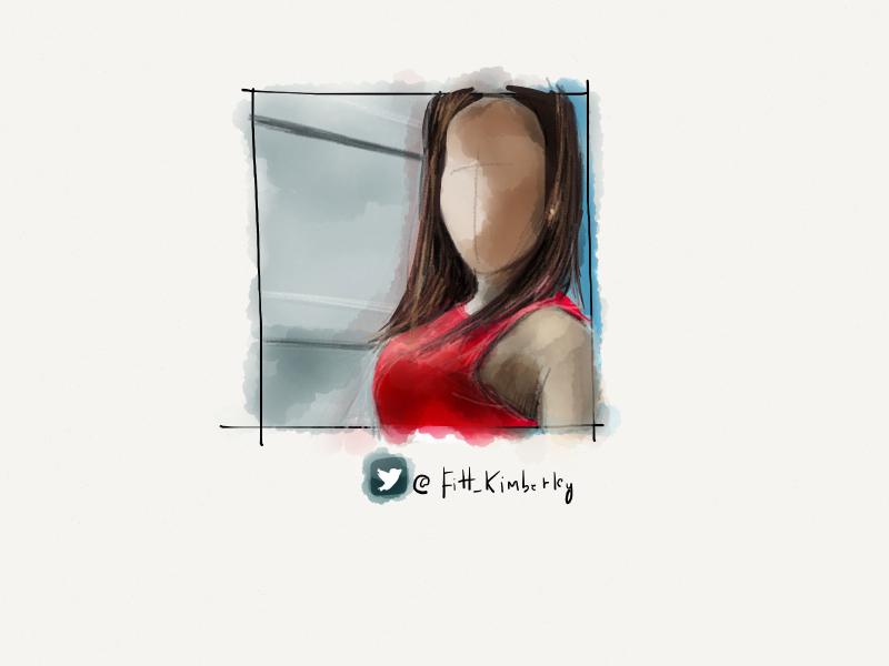 Digital watercolor and pencil portrait of a faceless woman wearing a striking red dress with her back against the wall.