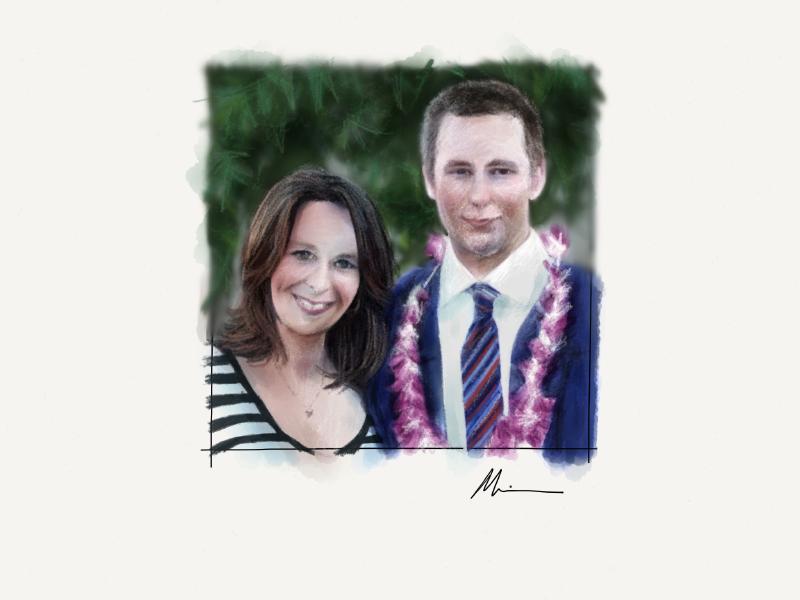 Digital watercolor and pencil portrait of a mother and her son at graduation.