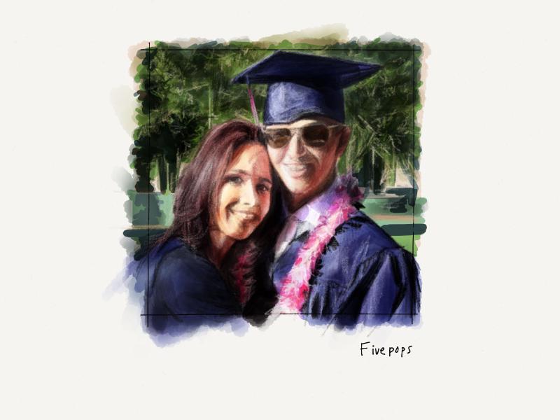 Digital watercolor and pencil portrait of a mother and her son at graduation.