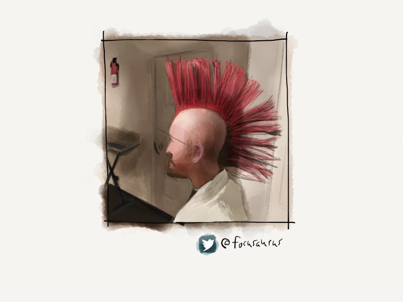 Digital watercolor and pencil portrait of a faceless man sitting profile, showing off his shaved head and huge pink mohawk. To the left of him a synthesizer can be seen.