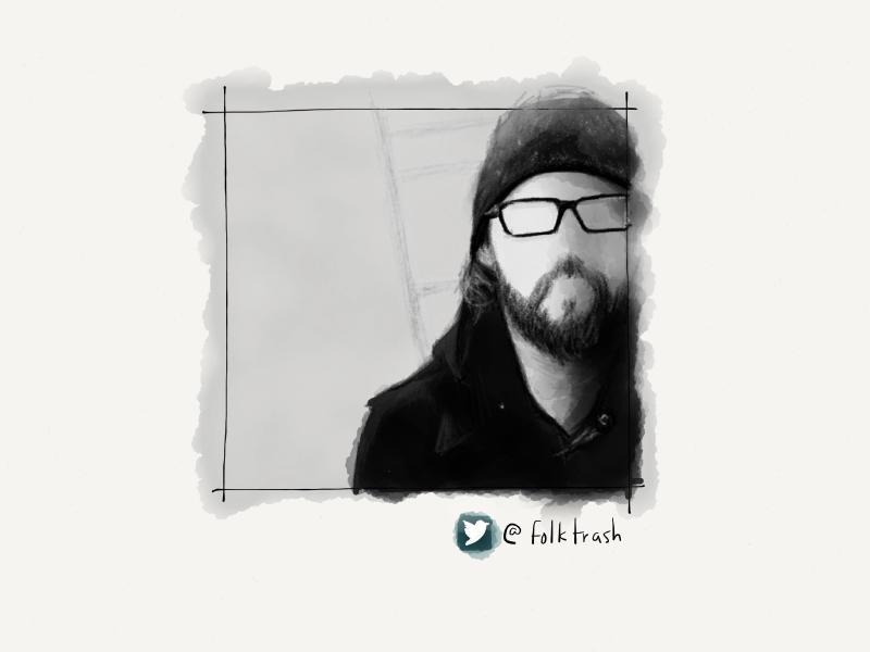 Black and white digital watercolor and pencil portrait of a bearded faceless man, wearing a knit hat, hoodie, black coat, and thick rimmed glasses.