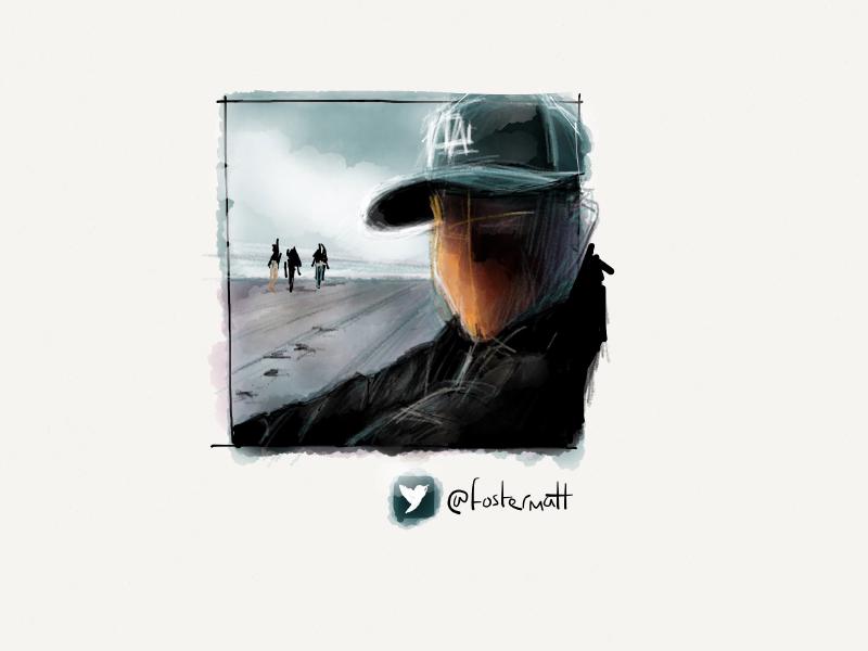 Digital watercolor and pencil portrait of a faceless man sitting on a beach wearing a LA baseball hat with 3 figures walking to his left.