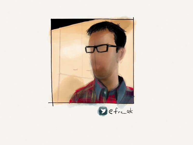 Digital watercolor and pencil portrait of a faceless man in thick black framed glasses, wearing a red and blue plaid shirt.