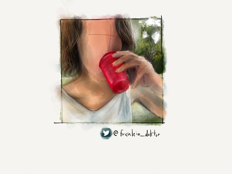 Digital watercolor and pencil portrait of a faceless woman with brown wavy hair drinking from a red plastic cup outside.