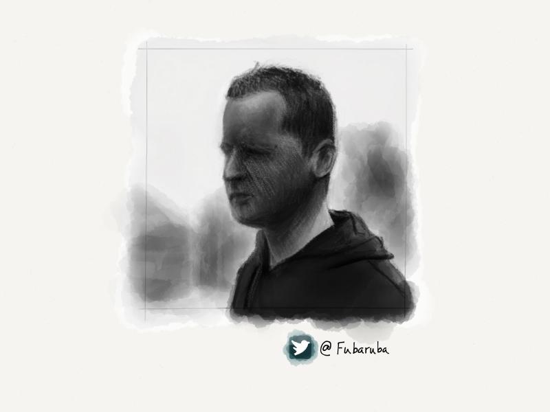 Black and white digital watercolor and pencil portrait of a man in a hooded sweatshirt squinting. Low contrast with a bright background.