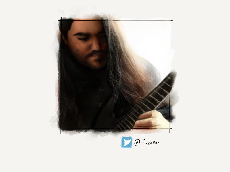 Digital watercolor and pencil portrait of a man with long hair and a beard shredding on a black guitar. Painted in muted tones.