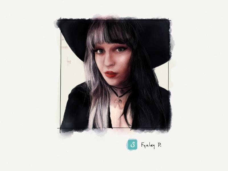 Digital watercolor and pencil portrait of a woman with Cruella inspired black and white hair, cat eye makeup, bright red lipstick, dressed in black, wearing a large witch hat and crystals around her neck.