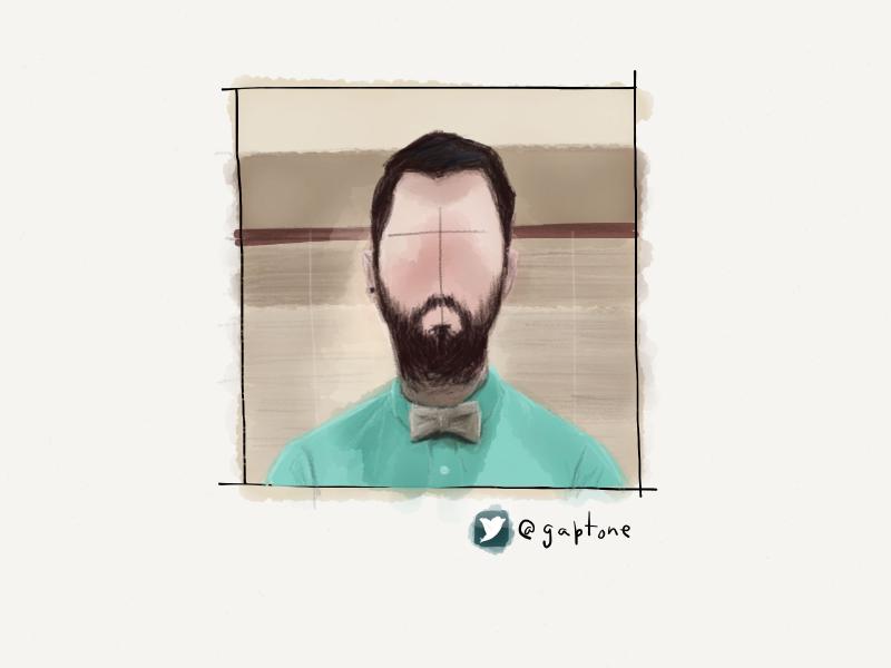 Digital watercolor and pencil portrait of a faceless bearded man wearing a gray bowtie and turquoise dress shirt.
