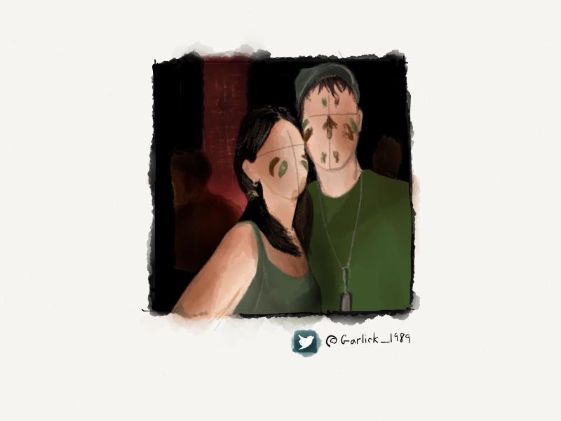 Digital watercolor and pencil portrait of a faceless woman and man posing together, dressed in military attire. Woman's hair is in pigtails and is wearing a green tank top. Man is wearing a green hat, dog tags, and shirt.