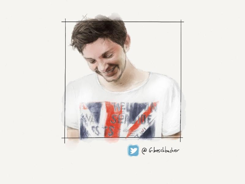 Digital watercolor and pencil portrait of a smiling man with brown hair looking down, wearing a white shirt with a Union Jack printed on it.