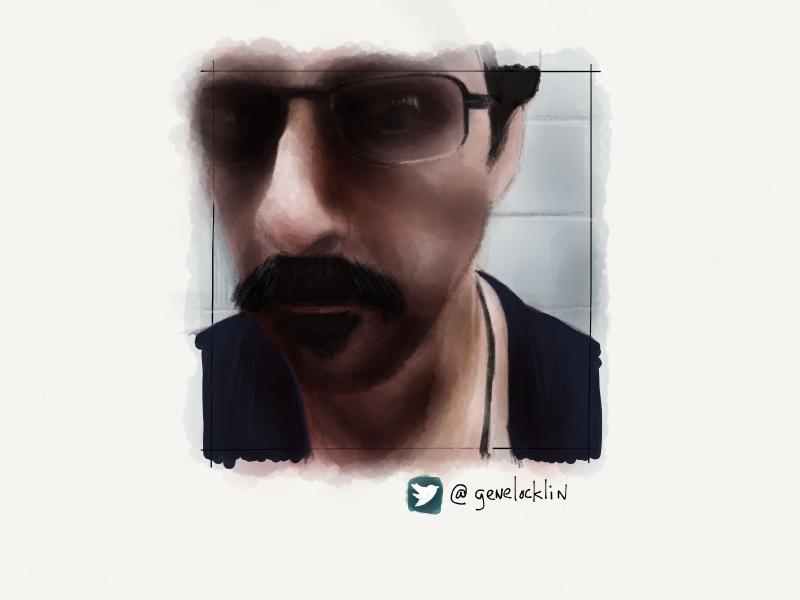 Digital watercolor and pencil portrait closeup of a man wearing glasses, a large mustache, and soul patch.