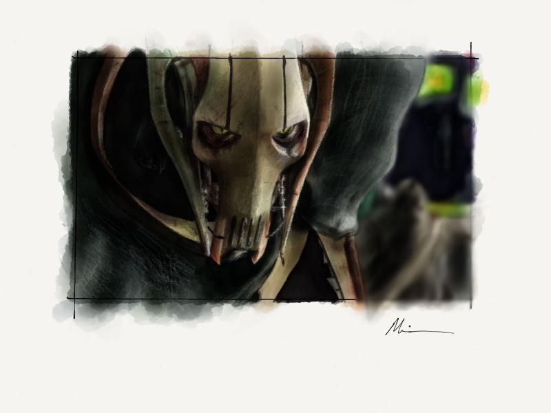Digital watercolor and pencil portrait of General Grievous from the Star Wars prequels looking menacing.