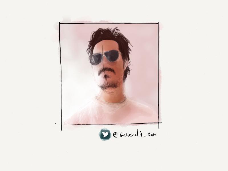 Digital watercolor and pencil portrait of a faceless man with bedhead styled hair, wearing aviator sunglasses, a mustache and soul patch. Washed in pink tones.