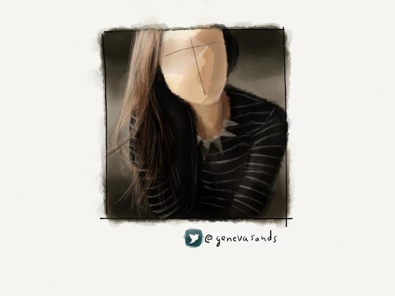 Digital watercolor and pencil portrait of a faceless woman with long hair swept to the side, wearing a black shirt with white stripes and triangular necklace.