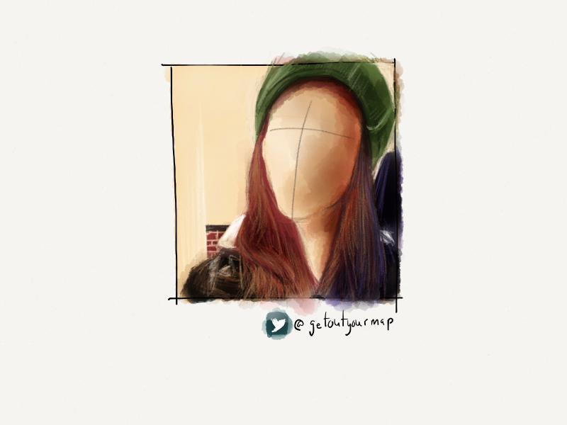 Digital watercolor and pencil portrait of a redheaded faceless woman wearing a green knit hat. Painted in warm tones.