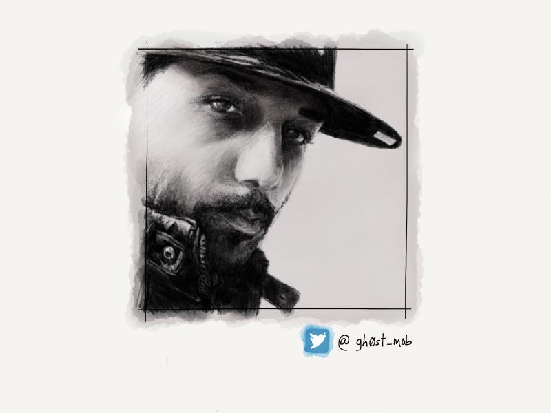 Black and white digital watercolor and pencil portrait of a man with a short beard looking at the viewer intently, wearing a leather jacket and hat with a straight lid.