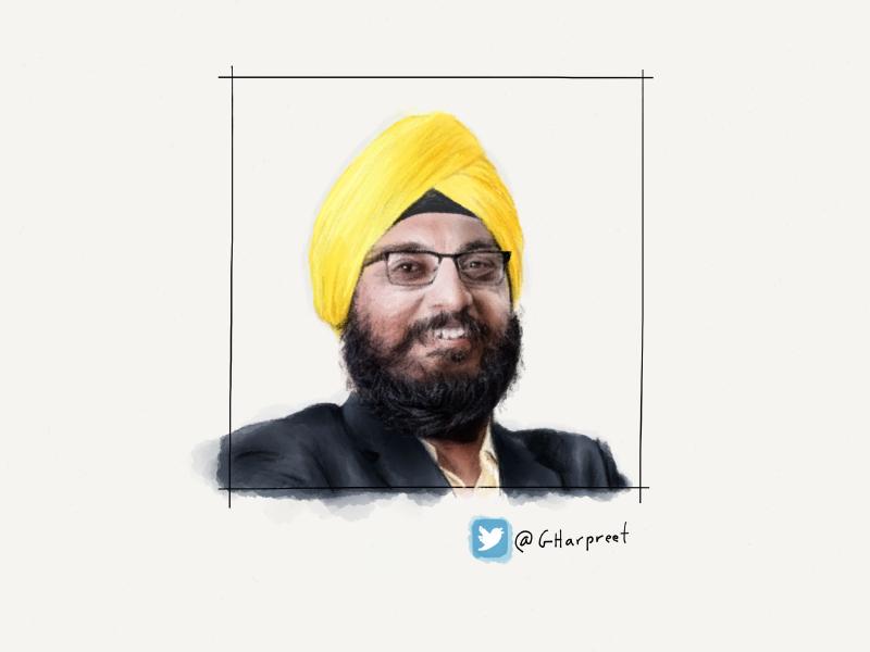 Digital watercolor and pencil portrait of a smiling man wearing a beard, glasses, and a bright yellow head wrap.