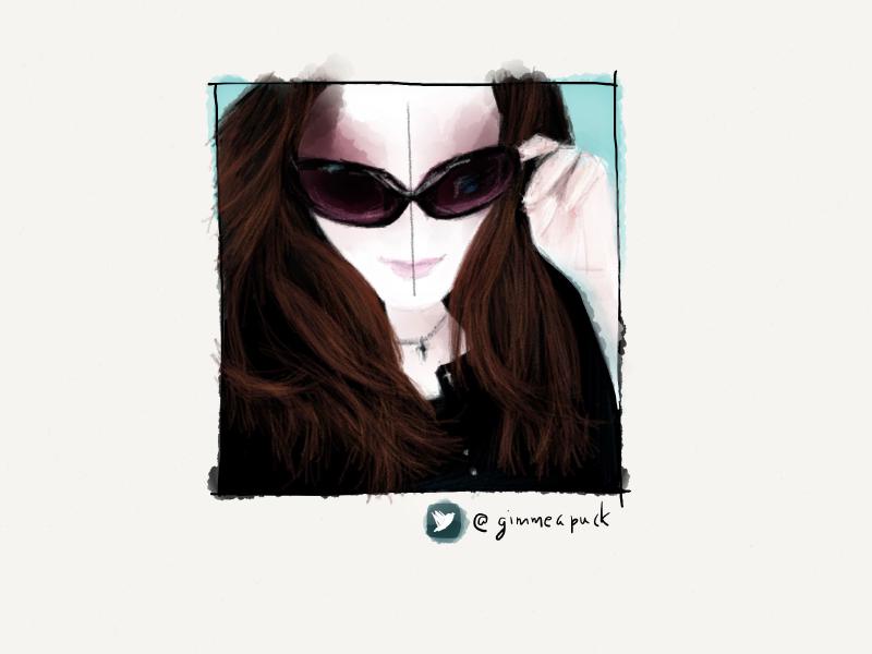 Digital watercolor and pencil portrait of a redhead pulling down her large sunglasses to reveal she has no eyes.