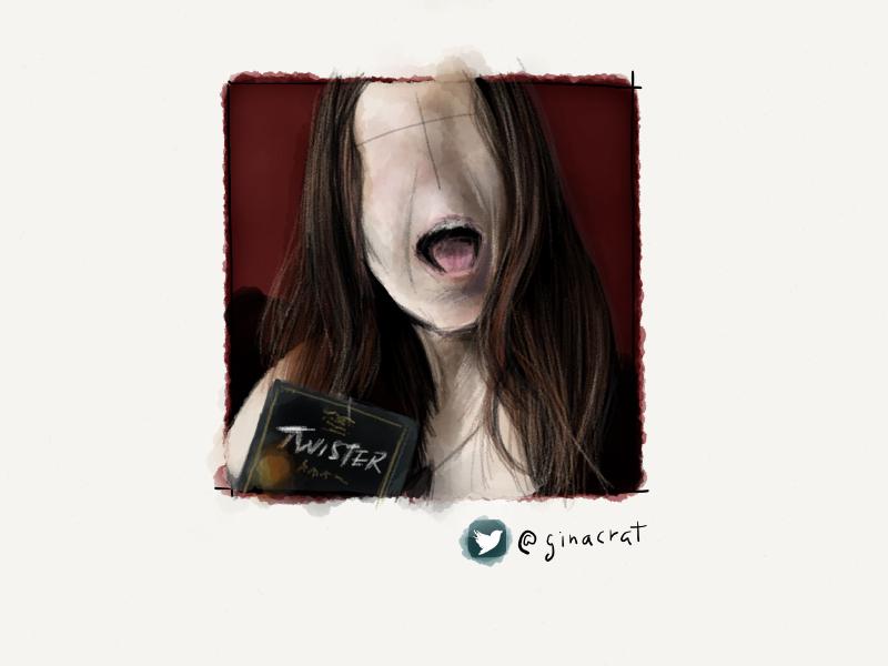 Digital watercolor and pencil portrait of a woman with long hair screaming as she holds a Twister DVD case. Her face is drawn without eyes or a nose.