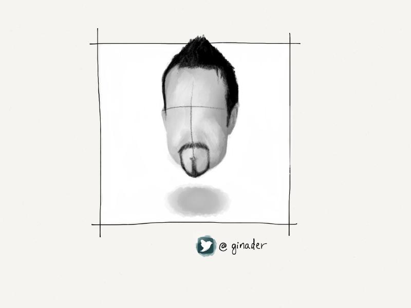 Black and white digital watercolor and pencil portrait of a faceless head of a man wearing a goatee, floating against a white background.