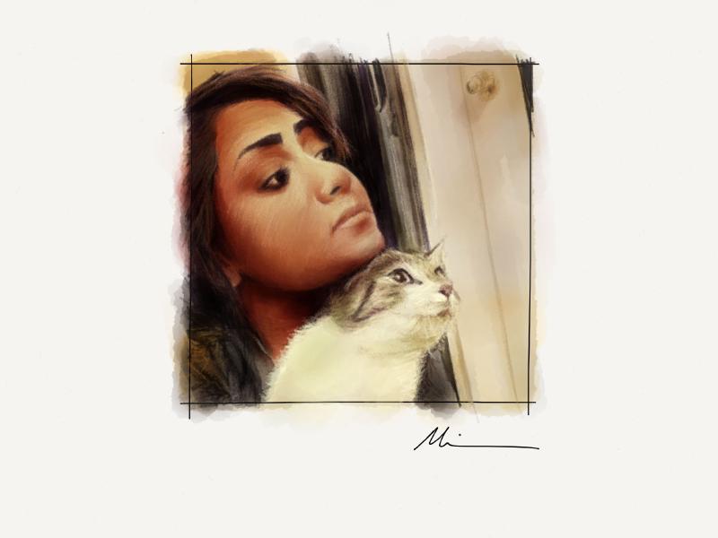 Digital watercolor and pencil portrait of a woman resting her chin on the head of a white and gray cat.