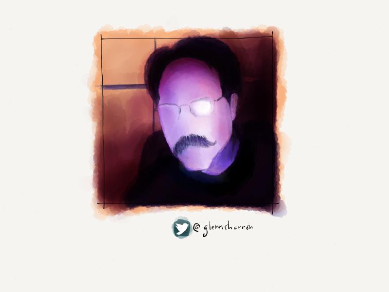 Digital watercolor and pencil portrait of a faceless man wearing glasses and a large mustache who's face is glowing purple.