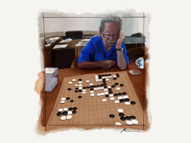 Digital watercolor and pencil portrait of a man with gray hair sitting at a table pondering his neck move in Go.
