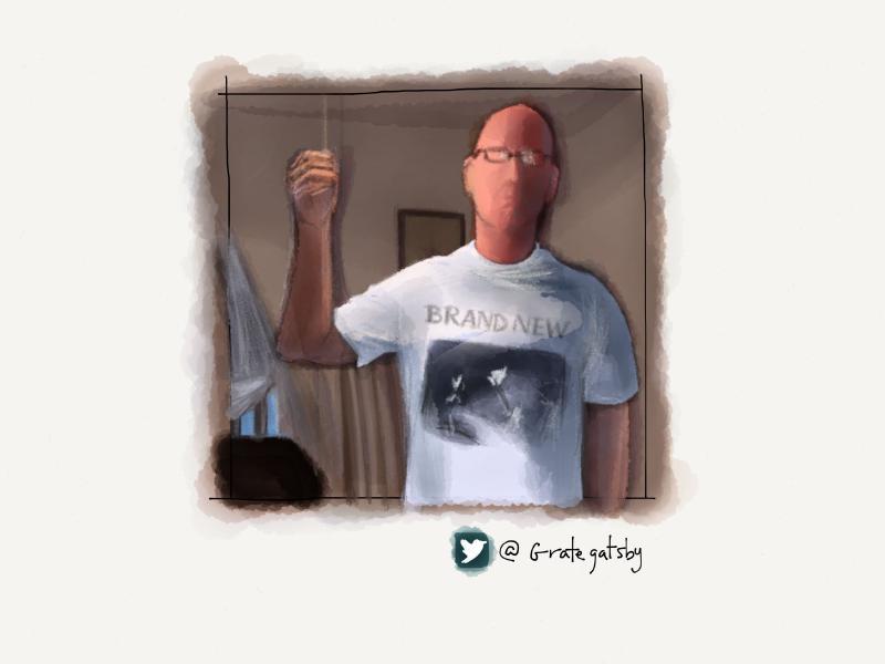 Digital watercolor and pencil portrait of a faceless, bald man, wearing glasses, a Brand New band t-shirt, and holding up his right arm.