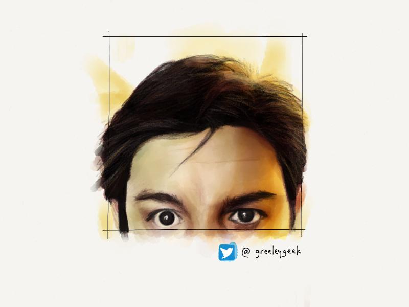 Digital watercolor and pencil portrait of a man's face showing his eyes, forehead, and dark hair. Painted with warm yellow tones.