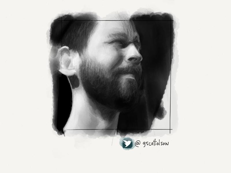 Black and white digital watercolor and pencil portrait of a bearded man looking to the right.