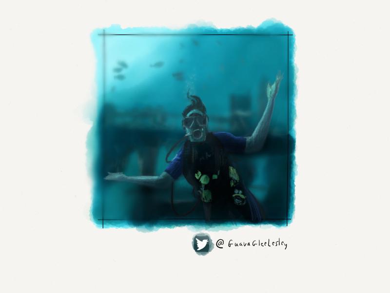 Digital watercolor and pencil portrait of a man underwater in the ocean, scuba diving, with his arms held open.